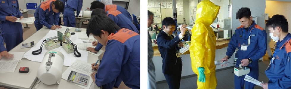 two photos of basic training for radiation monitoring
